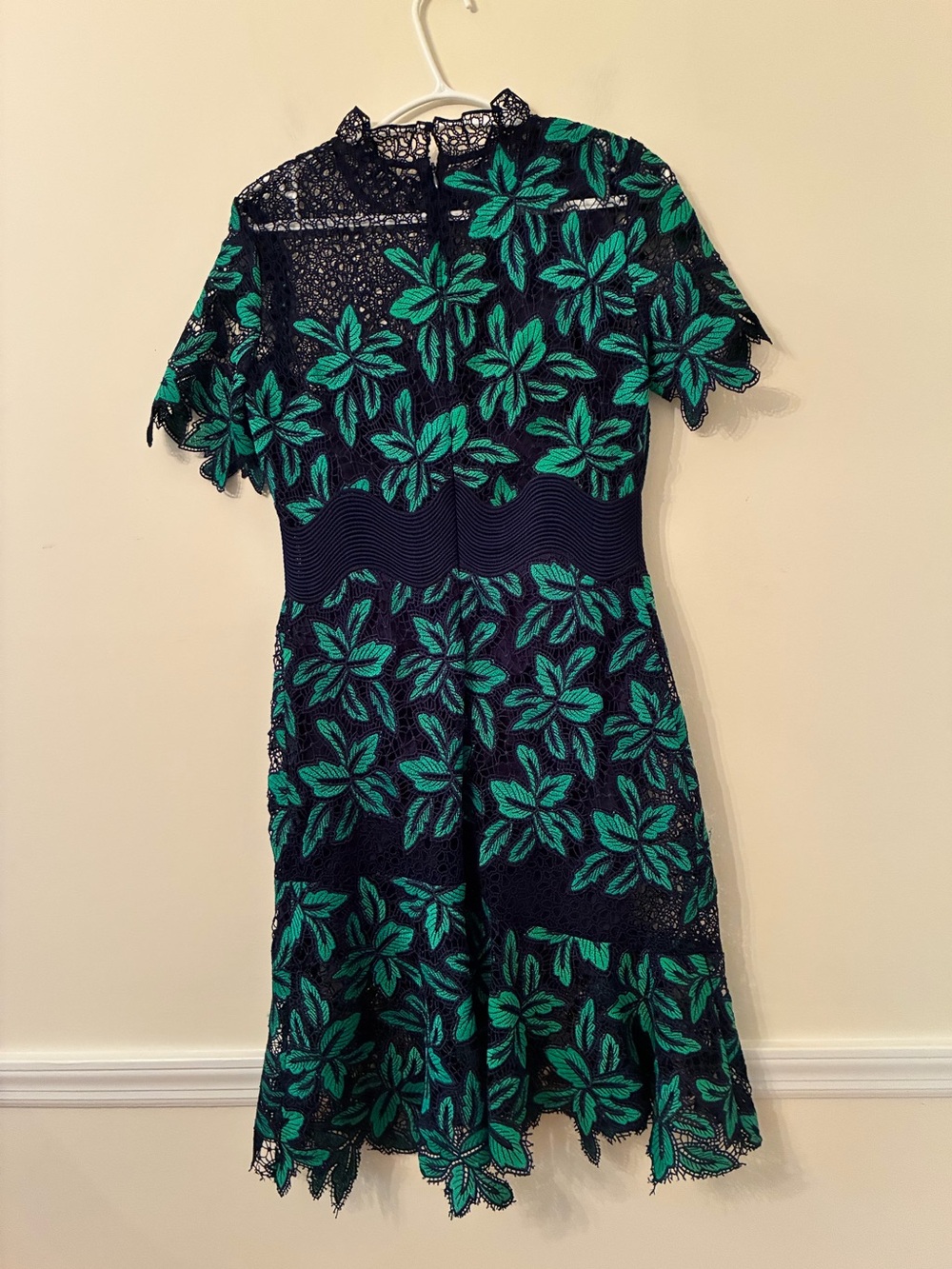 Sea Navy Mini Dress with Green Floral Lace - Picture 4 of 9